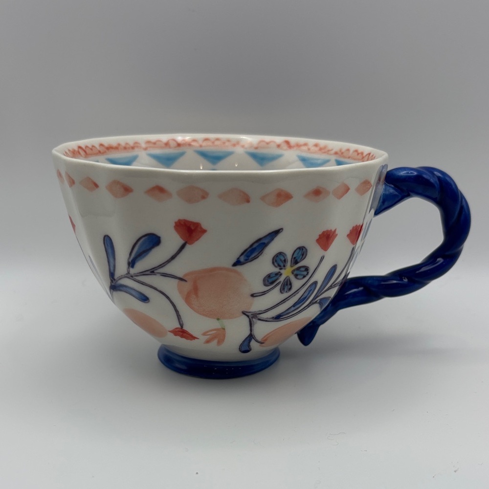 Anthropologie "Perceforest" Hand-Painted Floral Mug with Blue Twisted Handle